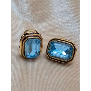 Vintage Gold Tone Emerald Cut Light Blue Crystal Clip On Earrings Statement